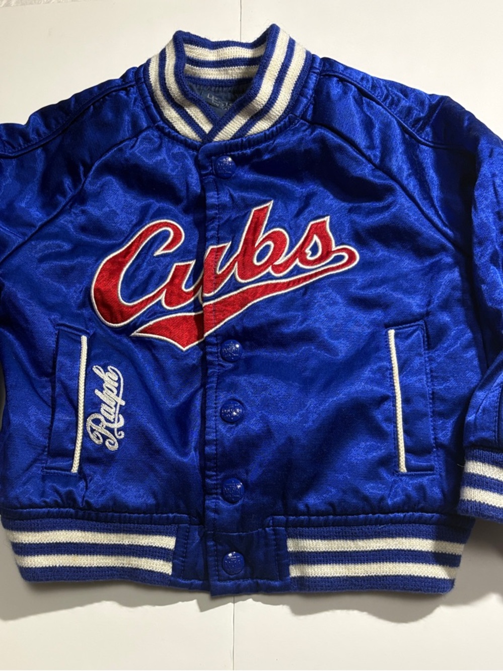 Polo by Ralph Lauren Blue & White Cubs Satin Kids Jacket with Red Logo 0001